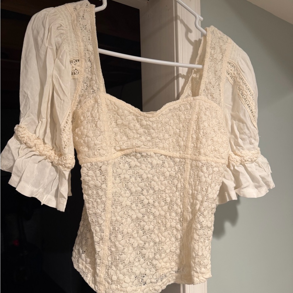 Free People Cream Lace Crochet Puff Sleeve Top